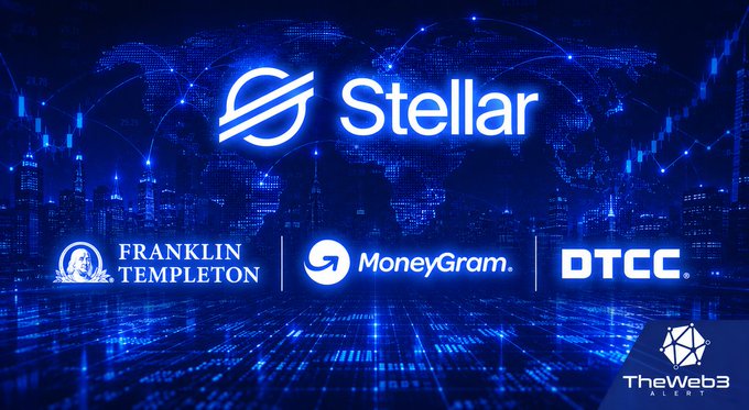 The image prominently features the Stellar logo and brand name, alongside partner logos for Franklin Templeton, MoneyGram, and DTCC, set against a blue digital world map backdrop—visually reinforcing the post's point about Stellar (XLM) capturing key financial utility layers including stablecoin infrastructure, crypto on/off-ramps, and institutional tokenization.