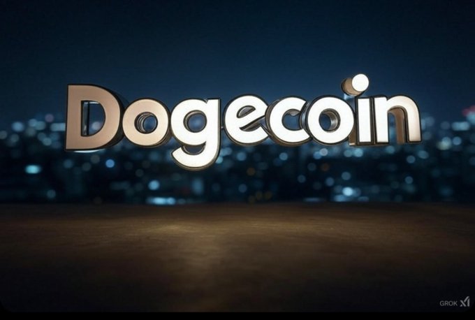 The word "Dogecoin" is displayed in large metallic 3D lettering against a blurred nighttime cityscape with illuminated buildings. A "Grok" watermark appears in the bottom right corner.