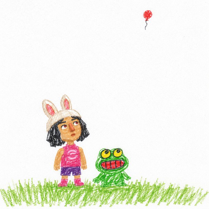 A child's crayon drawing of a girl in a bunny-ear hat standing next to a green frog-like creature on grass, with a small red balloon floating in the sky.