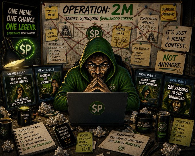 An illustrated meme poster titled 'OPERATION: 2M' targeting 2,000,000 $PENISHOOD tokens, featuring a hooded figure at a laptop surrounded by meme ideas, checklists, and motivational notes.