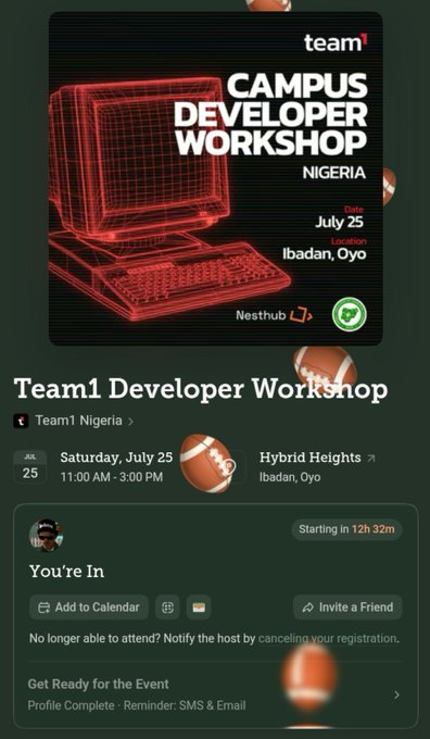 A dark green event page for 'Team1 Campus Developer Workshop' in Nigeria, scheduled for Saturday, July 25 at 11:00 AM in Ibadan, Oyo, with a 3D wireframe laptop graphic.