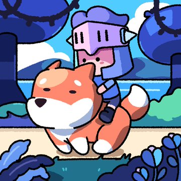 A pixel art illustration of a knight character in purple armor riding a running Shiba Inu dog through a blue-toned forest landscape.