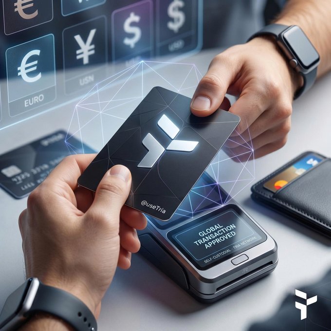 A person uses a futuristic @useTria card to complete a "GLOBAL TRANSACTION APPROVED" tap-to-pay interaction, with holographic currency symbols (€, $, ¥) floating in the background. The image visually represents the post's message of simplifying Web3 access through familiar Web2-style payment convenience.