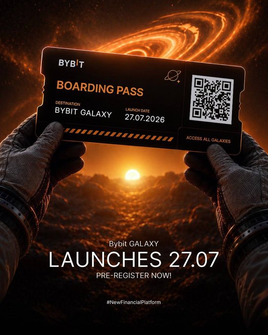 An astronaut holds a 'BYBIT BOARDING PASS' to 'BYBIT GALAXY' launching on '27.07.2026' with the text 'Bybit GALAXY LAUNCHES 27.07 PRE-REGISTER NOW!' and '#NewFinancialPlatform' displayed against a sunset backdrop.