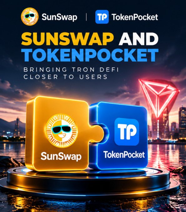 A promotional graphic for a partnership between 'SunSwap' and 'TokenPocket' featuring their interlocking logos and text 'BRINGING TRON DEFI CLOSER TO USERS'.
