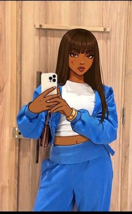 A digital illustration of a stylized dark-skinned woman with long brown hair, wearing a white top and blue tracksuit, holding up an iPhone as if taking a mirror selfie.