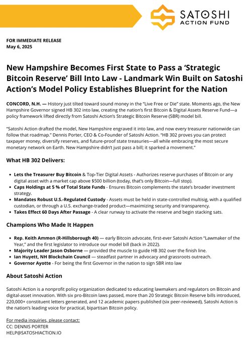 The image shows a document titled "New Hampshire becomes first state to pass strategic Bitcoin Reserve Bill into law Landmark Win built Satsoshi's action's blueprint for the nation". The text explains that New Hampshire has become the first state to pass such a bill, and it is based on the Satoshi Action model policy.