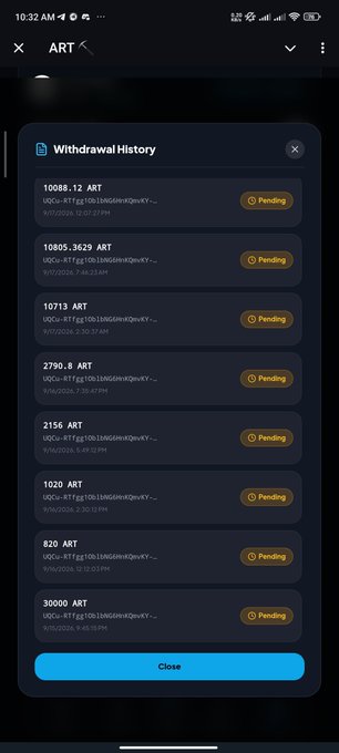 A mobile app screenshot showing a 'Withdrawal History' pop-up with multiple pending ART token withdrawals of varying amounts, each listed with a unique wallet address and date.