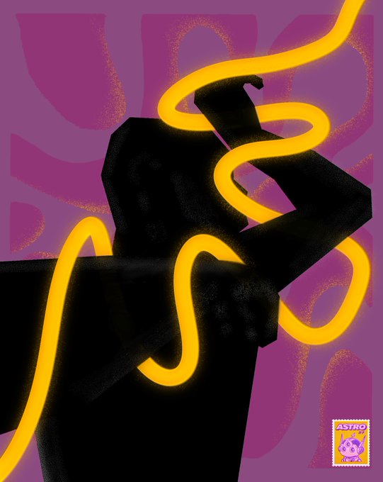 An abstract illustration of a black figure intertwined with glowing yellow ribbon-like shapes against a purple background, with an "ASTRO" stamp in the bottom right corner.
