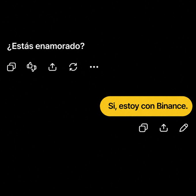 A black chat interface in Spanish asks '¿Estás enamorado?' and replies 'Sí, estoy con Binance.' in a yellow message bubble.