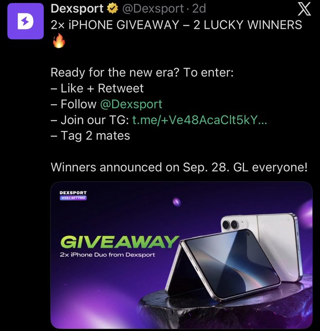 A tweet from Dexsport (@Dexsport) announces a '2x IPHONE GIVEAWAY – 2 LUCKY WINNERS' with entry instructions including liking, retweeting, following, joining a Telegram link, and tagging mates.
