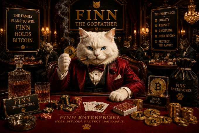 The image features an anthropomorphic white cat named "Finn the Godfather" dressed in a red tuxedo, holding a Bitcoin coin and cigar, surrounded by poker chips, playing cards, and a money bag labeled "FINN ENTERPRISES," with slogans like "HOLD BITCOIN, PROTECT THE FAMILY" and "$FTG" appearing on signage throughout the luxurious, mafia-themed scene—visually embodying the post's message that while others sell, diamond paws hold.