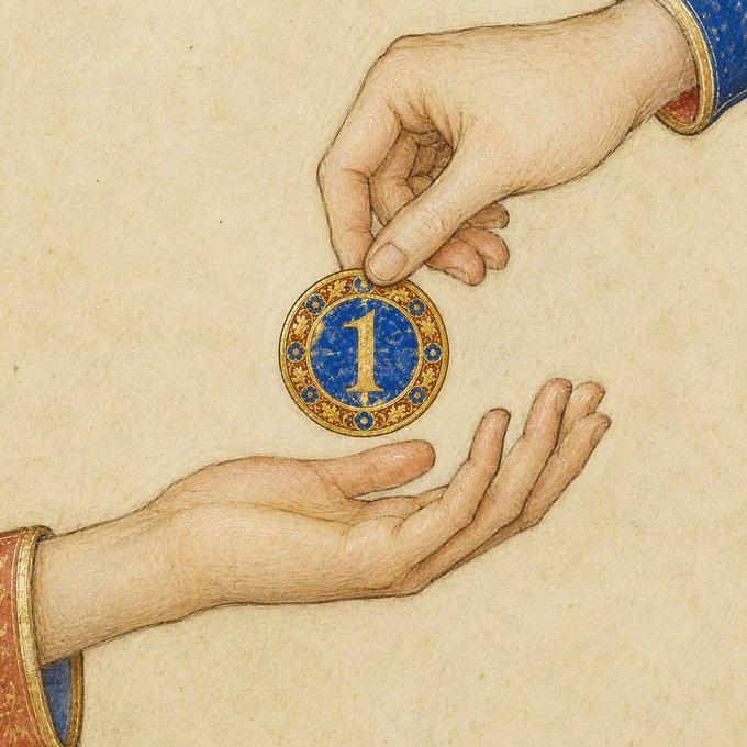 A medieval-style illustration showing two hands exchanging an ornate gold coin featuring a blue lapis center with the number '1' inscribed in gold.
