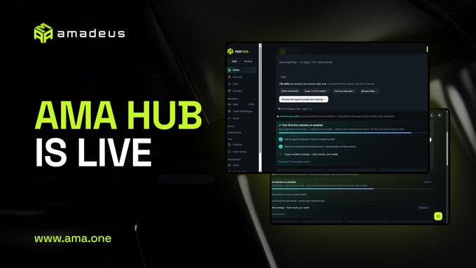 A promotional graphic for 'amadeus' announcing 'AMA HUB IS LIVE' with the website www.ama.one and a screenshot of the chat interface.