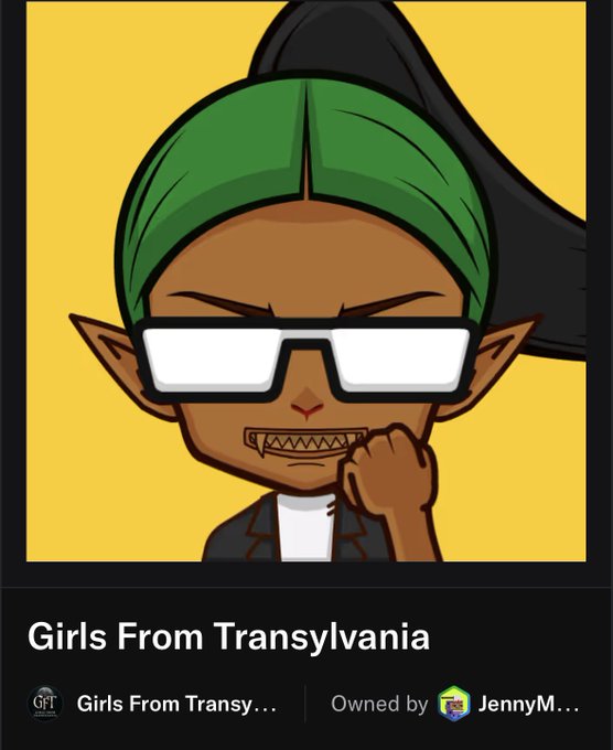 A cartoon character with a green hairband, white sunglasses, and sharp teeth is shown above the text 'Girls From Transylvania' and 'Owned by JennyM...' on a black banner.