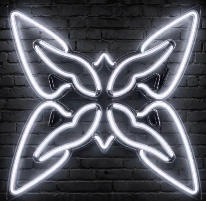 A glowing white neon sign shaped like a symmetrical butterfly mounted on a dark brick wall.