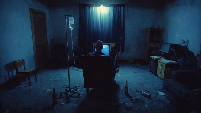 A dark, moody scene of a bald figure sitting in a chair facing a small glowing TV in a dilapidated room, with an IV drip stand beside them and bottles scattered on the floor, all illuminated by a single overhead light.