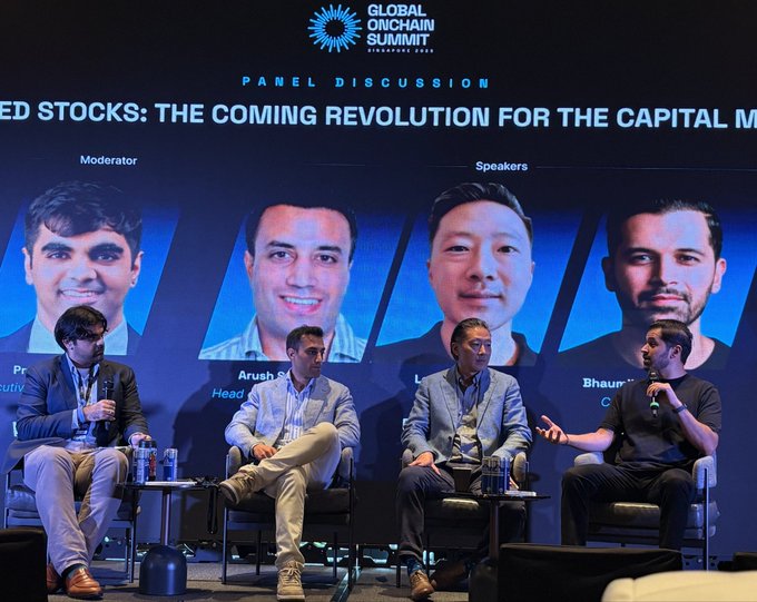 A panel discussion at the Global Onchain Summit featuring four men seated in front of a backdrop titled "TOKENIZED STOCKS: THE COMING REVOLUTION FOR THE CAPITAL MARKETS," with moderator Pr and speakers Arush S, L, and Bhaumik.
