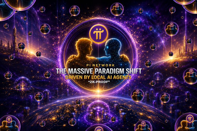 Promotional graphic for 'Pi Network' featuring two silhouetted figures facing each other within a cosmic purple circle, with text reading 'THE MASSIVE PARADIGM SHIFT DRIVEN BY LOCAL AI AGENTS ZK-PROOF'.