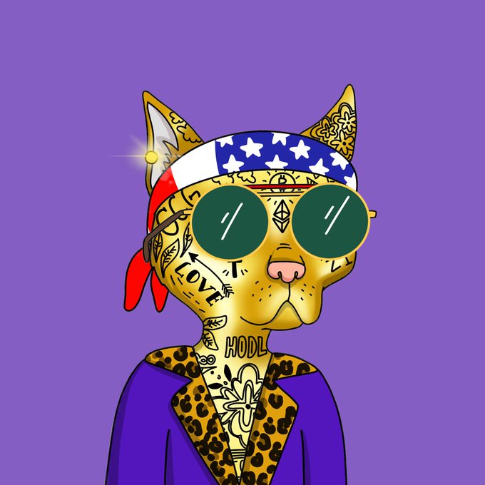 A cartoon illustration of a cat with tattoos including 'LOVE' and 'HODL', wearing an American flag headband, sunglasses, and a leopard print jacket on a purple background.