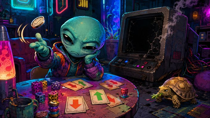 A digital illustration of a green alien tossing a coin while sitting at a table with dice, playing cards, and a tortoiseshell cat, next to a cracked retro computer monitor.