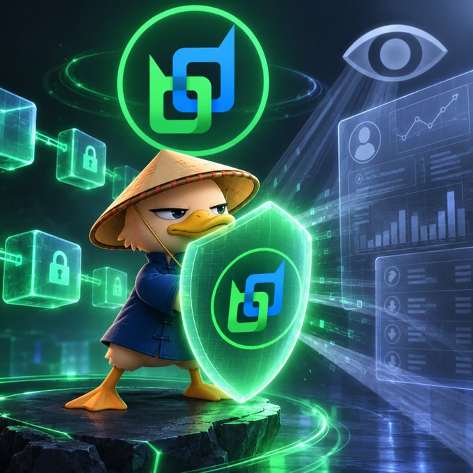 A stylized digital illustration of an anthropomorphic duck wearing a conical hat and holding a glowing green shield, surrounded by blockchain padlocks, charts, and a surveillance eye.