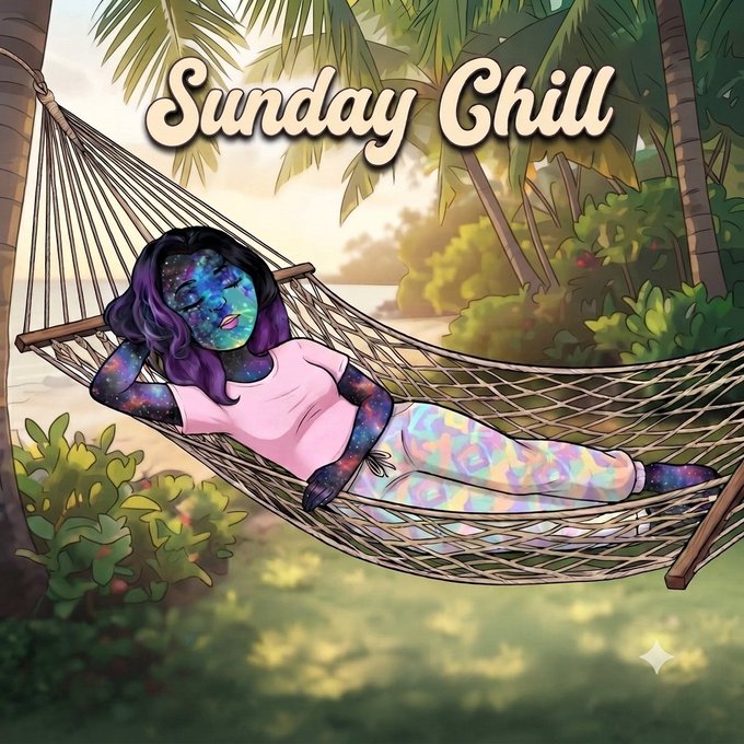 An illustration with 'Sunday Chill' text showing a purple-skinned figure with galaxy patterns relaxing in a hammock surrounded by tropical foliage.