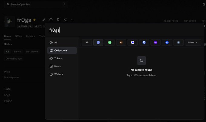 The image shows an OpenSea search interface for the "fr0̷gs" collection, where the search returns "No results found" despite filtering by the Ethereum blockchain, illustrating the user's complaint that the collection is not searchable on the platform.
