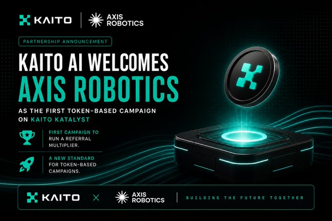 A KAITO and Axis Robotics partnership announcement graphic promoting the first token-based campaign on KAITO KATALYST.
