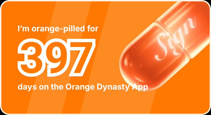 An orange graphic announces 'I'm orange-pilled for 397 days on the Orange Dynasty App' with a stylized orange capsule pill labeled 'Sign'.