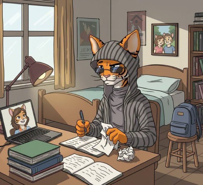 An anthropomorphic orange tabby cat wearing sunglasses and a striped hoodie sits at a desk in a cozy bedroom, writing in a notebook while video-chatting with another cat character on a laptop. The image humorously reinforces the post's playful tone about weekend notifications and "goats" (likely referring to fans or followers wanting to DM).
