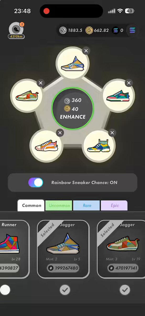 The image shows a phone screen displaying an app interface with various shoe options, including rainbow sneakers. The app has five different shoe types displayed, each with its own price tag. The user can choose from these shoes by clicking on them or selecting their preferred option. The app also provides information about the shoes and allows users to add more details like a description or a rating for each shoe type.