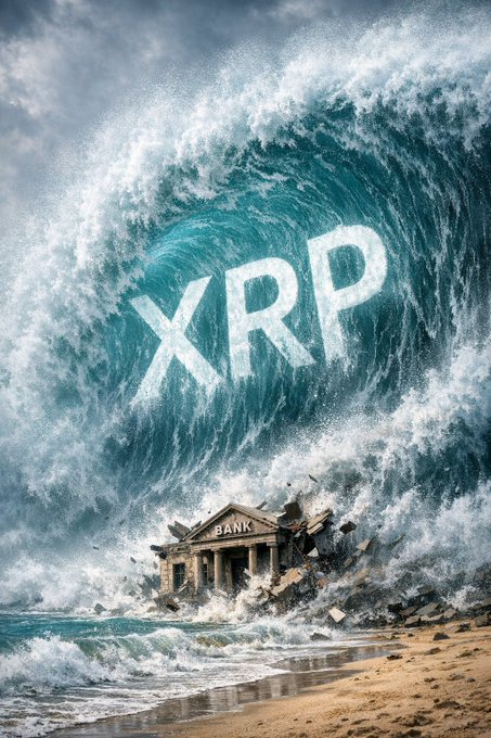 A massive tidal wave bearing the "XRP" logo crashes down on a crumbling bank building, symbolizing the seismic disruption Ripple's entry into the banking industry could bring. The imagery visually reinforces the post's announcement about crypto firms gaining approval to become national banks, suggesting a transformative wave for XRP.