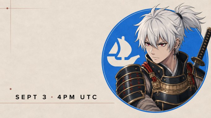 Promotional banner featuring a white-haired anime samurai character in a blue circular logo, with text 'SEPT 3 · 4PM UTC'.
