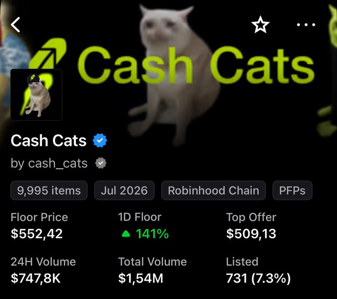 A screenshot of the Cash Cats NFT collection page showing a floor price of $552.42 with a 141% increase in the 1D floor, along with 24H volume of $747.8K and total volume of $1.54M on Robinhood Chain, supporting the post's excitement about the collection's rapid price surge.