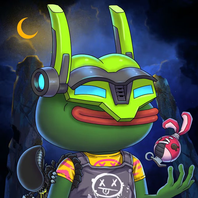 A digital illustration of a green, frog-like character wearing a futuristic green and grey helmet, a graphic t-shirt with an 'X X' face, standing against a dark, dramatic night sky with a crescent moon.