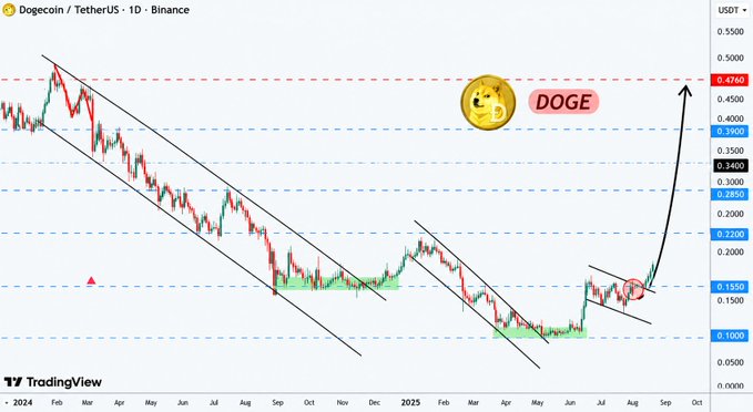Dogecoin / TetherUS (DOGE/USDT) 1D Binance chart on TradingView showing a falling wedge breakout and an upward arrow toward 0.4750.
