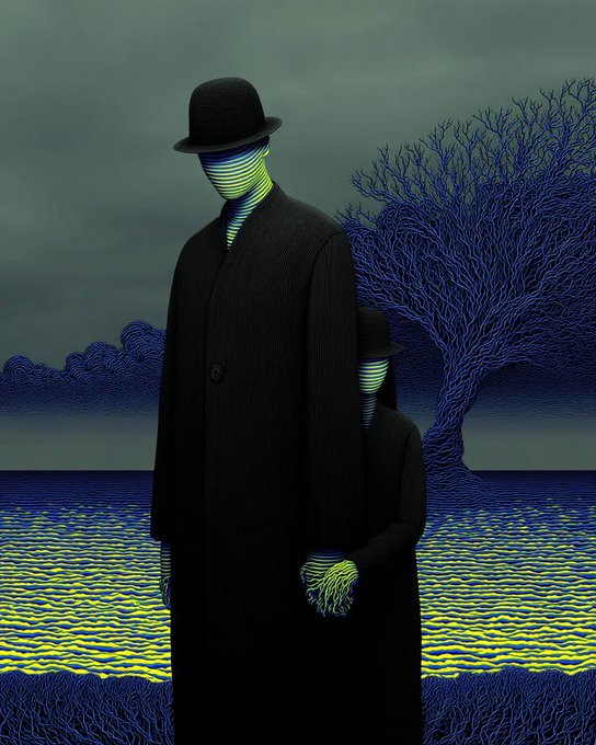 Surreal digital art depicting two figures in long black coats and bowler hats with their faces obscured by glowing yellow-green horizontal stripes, standing in a landscape with purple-toned bare trees and a dark, moody sky.