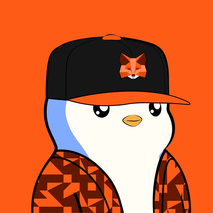 This image features the MetaMask logo, depicting a stylized white fox character wearing a black and orange snapback cap with the fox emblem, along with an orange patterned hoodie, set against a solid orange background.