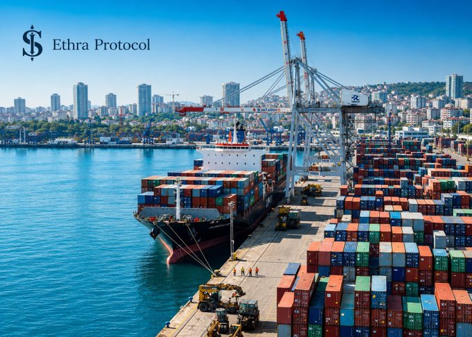 An aerial photograph of a busy shipping port with stacked colorful containers and large cranes, branded with 'Ethra Protocol' in the upper left corner, depicting global trade infrastructure.