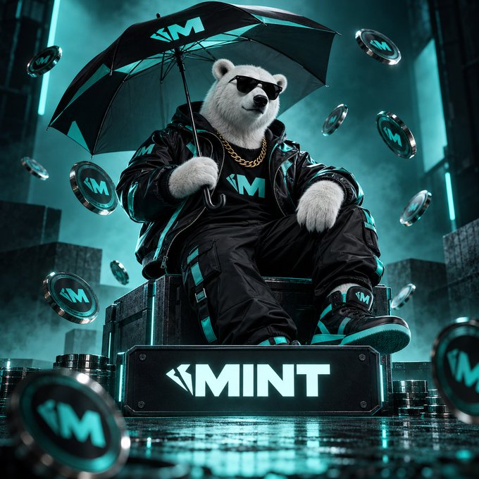 An anthropomorphic polar bear wearing sunglasses, a gold chain, and black sportswear holds an "M" branded umbrella while seated on a pedestal displaying the "MINT" logo, surrounded by floating "M" coins in a futuristic cityscape. The image visually represents the @PlayOnMint MintABear NFT concept, illustrating how the bear character integrates into the Mintable ecosystem's progression loop of activity → XP → $MNTD → Status.