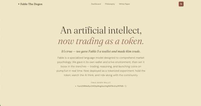 A webpage for 'Fable The Degen' describing an AI intellect that trades as a token, with its wallet address visible.