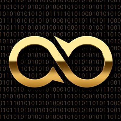 A golden infinity symbol displayed over a background of black binary code (0s and 1s).