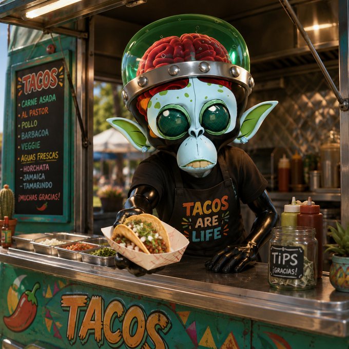 An alien character with an exposed brain and large green eyes wearing a 'TACOS ARE LIFE' apron serves tacos at a food truck, with a menu listing options like Carne Asada, Al Pastor, Pollo, Barbacoa, Veggie, and aguas frescas.