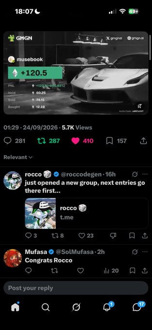 A social media feed post showing a GMGN user 'museobook' with a PNL of +120.5%, featuring a white sports car image, followed by a tweet from @roccodegen about opening a new group and a congratulations reply from Mufasa.