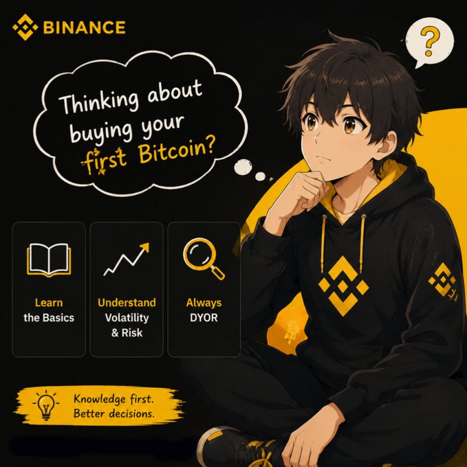 Binance promotional graphic featuring an anime-style character thinking 'Thinking about buying your first Bitcoin?' alongside educational tips like 'Learn the Basics' and 'Always DYOR'.