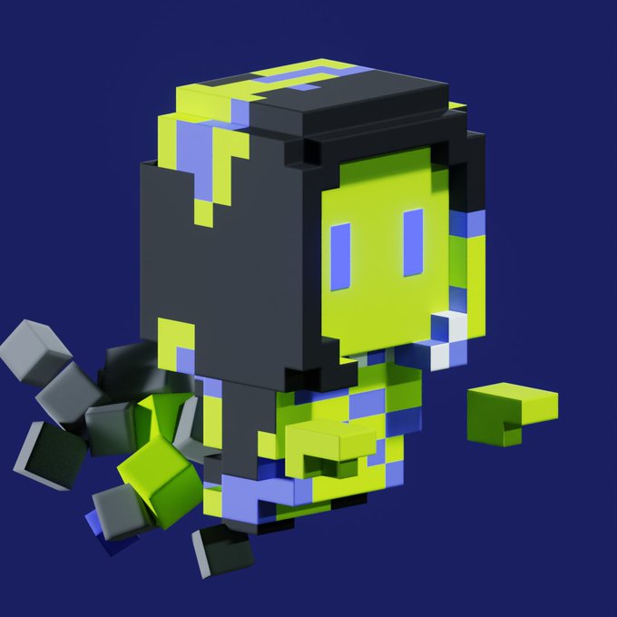 A blocky, pixelated 3D character rendered in lime green, blue, and dark grey floats against a navy background, breaking apart into cubes.