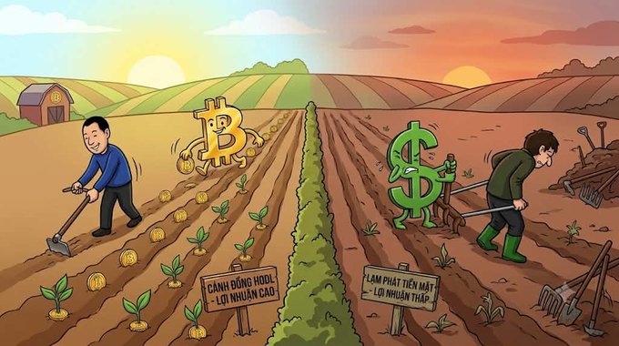 A split-screen cartoon illustration contrasts a farmer harvesting golden Bitcoin coins under a sunrise on the left (with Vietnamese text 'CÀNH ĐỒNG HODL - LỜI NHUẬN CAO') versus a farmer laboring over a barren field with a green dollar sign at sunset on the right ('LÀM PHÁT TIỀN MẶT - LỢI NHUẬN THẤP').