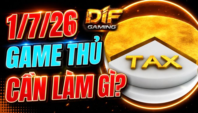 The image shows a YouTube thumbnail with text reading "1/7/26 GAME THỦ CẦN LÀM GÌ?" alongside a "PiF GAMING" logo and a 3D shield icon displaying "TAX." This thumbnail promotes a video explaining new tax regulations effective July 1st that affect gamers and crypto users, encouraging viewers to learn what actions they need to take to comply with the new laws.