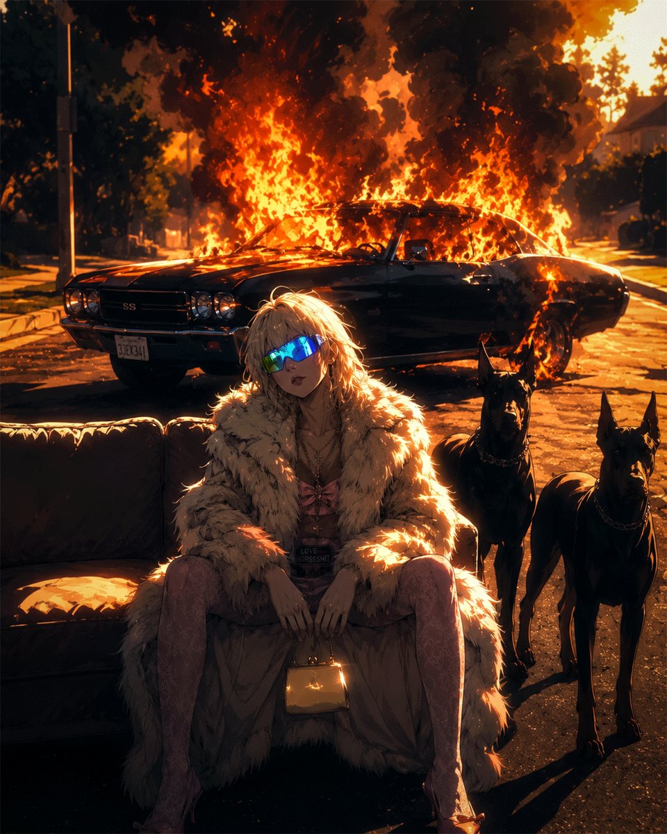 The image features a woman sitting on a couch, wearing sunglasses and a fur coat. Behind her are two dogs, one black and one brown. The background shows a car engulfed in flames, suggesting that they have been through a fire incident or are about to face one.